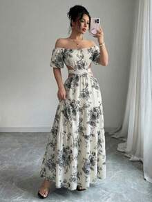 Vacation Style Denim Effect Off-Shoulder Backless Tie-Up Dress For Women, Summer - Multicolor - View 5