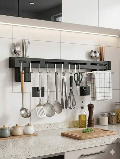 Suporte Organizador Barra de Parede Premium 8 Ganchos Deslizantes Porta Utensílios Cozinha Churrasqueira Aço Inox Preto Multiuso