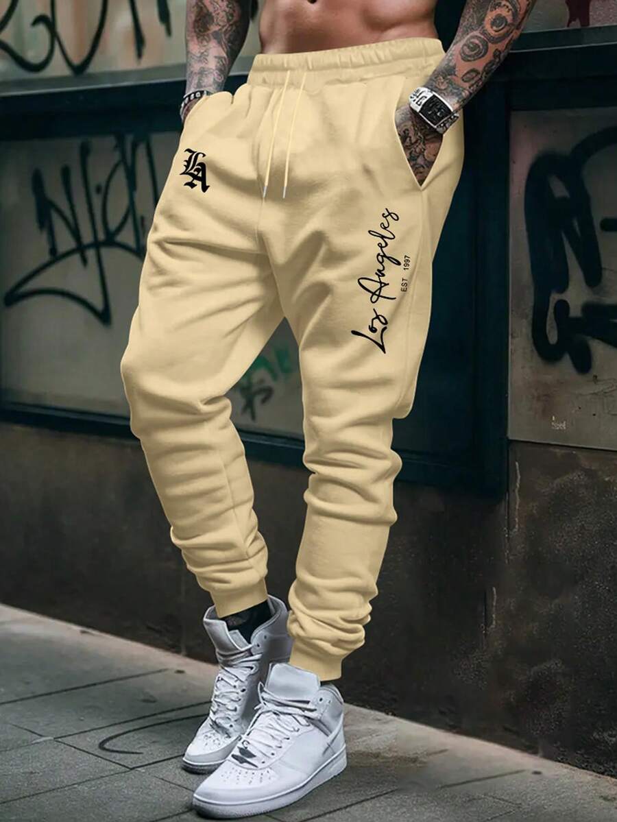 Los Angeles LA Men's Casual Sweatpants With Pocket, Flannel, Regular Fit, And Drawstring - 杏色 - 查看 1