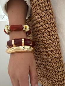 1 Set de Pulsera de Aleación de Color Maillard Combinada con Pulsera Asimétrica de Cuentas de Acrílico, Adecuada para el Uso Diario, Viajes y Combinación de Moda de las Mujeres - Multicolor - Ver 5