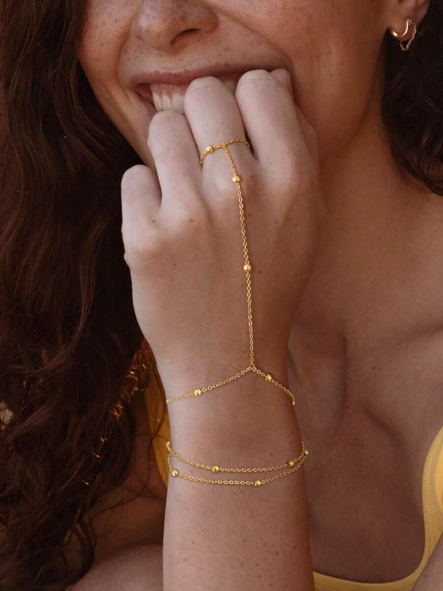 1 pieza Cadena para dedo de acero inoxidable de moda, cadena de mano versátil minimalista con cuentas de arroz, joyería minimalista de arnés de mano - Dorado - Ver 1