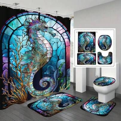 13/4pcs Glass Window Seahorse Shower Curtain Set, Waterproof Shower Curtain With 12 Hooks, Non-Slip Bathroom Rug, Toilet U-Shape Mat, Toilet Lid Cover Pad, Bathroom Decor, Shower Curtain Sets For Bathrooms, Bathroom Accessories