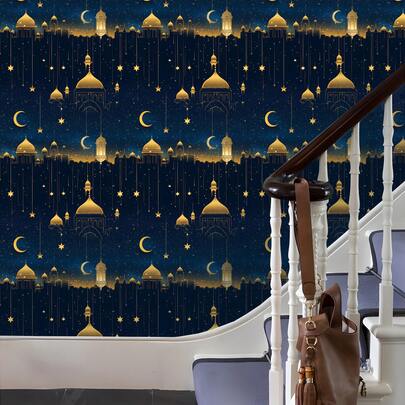 1 Cuộn Giấy Dán Tường Tự Dính Hình Đèn Lồng Ramadan, Họa Tiết Trăng Sao Vàng, 118.11 Inch, Giấy Dán Tự Dẹp Có Thể Bóc Tách, Trang Trí Eid Mubarak, Hình Dán Trang Trí Nhà Hình Bầu Trời Đêm Mộng Mơ, Giấy Dán Tường PET Chống Thấm Nước, Dùng Để Trang Trí Lễ Hội Ramadan, Phòng Khách, Phòng Ngủ, Hành Lang, Nhà Bếp, Phòng Tắm, Phòng Ăn
