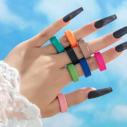 8件套新款彩色宽边树脂涂层戒指，简约泫雅风格哑光女士戒指