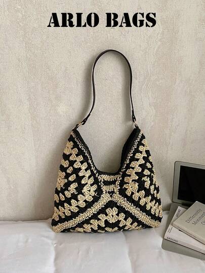 Super Popular Slouchy-Style Woven Bag, Straw Bag For Women, Large Capacity, Bohemian Style, Seaside Vacation Style, Beach Bag, Color-Block Design, Versatile Shoulder Bag For Girls, Hollow Shoulder Bag, University Bag, Work Bag, Elegant Women's Bag.