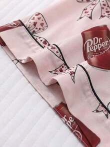 2pcs Women Bowknot Print Pajama Set, Short Sleeve Button Up Shirt And Elastic Waist Shorts, Cute Soft Comfortable Loungewear Sleepwear - Ngắn/Hồng - Xem 3
