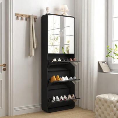 Mirror Shoe Cabinet With 5 Flip Drawers, Mirrored Shoe Cabinet With Arch Design, Freestanding Tilting Shoe Organizer, Entryway, Black, On-Site