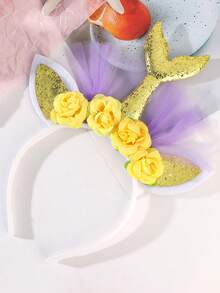 1件梦幻美人鱼闪光发箍，花朵薄纱装饰，可爱甜美发圈 - 彩色 - 查看 9