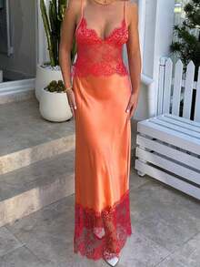 Women's Lace Patchwork Dress Summer Spaghetti Strap Sleeveless Deep V Neck Cami Dress - Burnt Orange - View 3