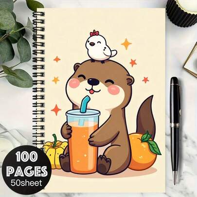 Cahier à spirale de 100 pages avec illustration mignonne de loutre. La couverture présente une loutre tenant une tasse de jus, un oiseau sur la tête, un design adorable. Convient pour les dossiers de travail, les notes d'étude, l'utilisation quotidienne à l'école. Idéal pour les cadeaux de remise des diplômes, les anniversaires, l'écriture de journal intime, la planification, les mémos - parfait pour offrir ou pour un usage personnel !