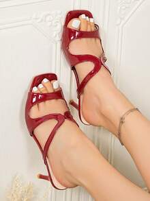 2026 Summer Burgundy Patent Leather High Heel Mules, Square Toe Open Toe Slip-On Sandals - Burgundy - View 11