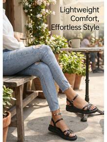 新款时尚黑色蝴蝶花朵女士厚底凉鞋 - 黑色 - 查看 6