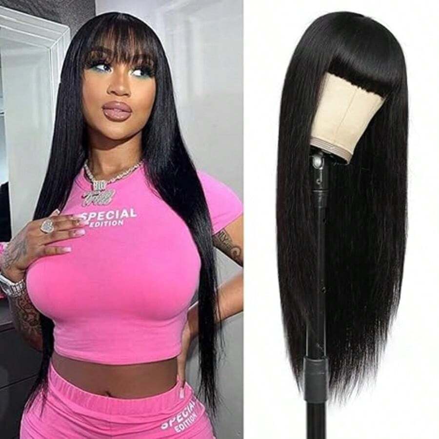 Parrucca fatta a macchina con frangia, parrucche lisce in capelli umani per donne, senza pizzo frontale, densità 180%, capelli vergini brasiliani, senza colla, colore naturale.