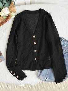 Lightweight, Breathable Knit Cardigan, Soft & Gentle Texture, Versatile Daily Wear, Spring/Summer - Black - View 4