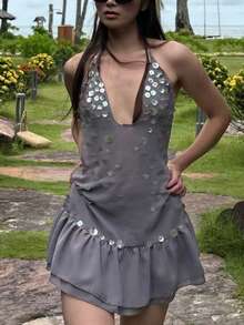 Women Sparkly Sequin Mini Halter Dress Sleeveless Backless Glitter Rhinestone Beaded Short Mini Dress Party Clubwear Beach Vacation Outfit - Grey - View 2