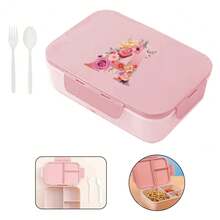1件翻蓋式便當盒附餐具，便攜方形分格食物儲存盒，3格設計，防漏防水，適合戶外使用、旅行、上班族，齋月必備，26字母圖案 - 粉色 - 查看 17
