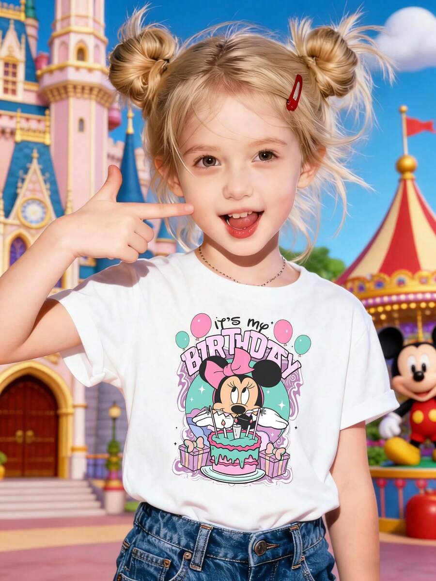Minnie Mouse Birthday Cake Cute D Isney Cartoon Pattern Round Neck Pure Cotton Girls Short Sleeved T Shirt Printed With Disney Animated Character Patterns Spring Summer Style Round Neck Made Of Soft Comfortable Breathable Fabric Suitable For Daily Wear Shopping Parties And Gatherings And Can Also Be Used As A Gift - trắng - Xem 1