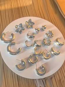 6-18pcs Chic Silver-Tone Earring Pack, Fashion Floral Geometric Textured Earrings, Everyday Wear For Women - 銀色 - 查看 5