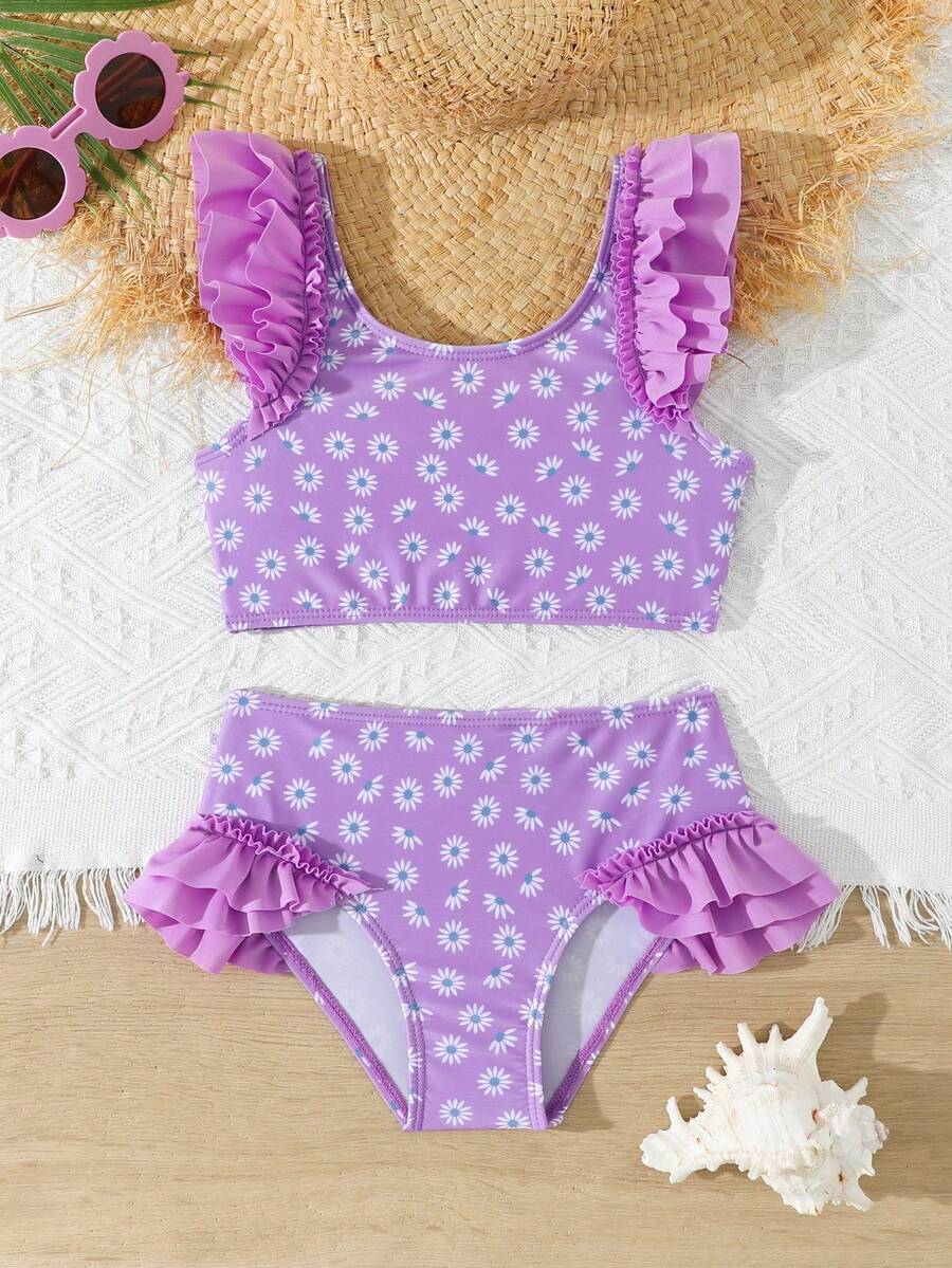 Bộ đồ bơi 2 mảnh mùa hè cho bé gái, gồm áo tankini in họa tiết toàn thân và quần tankini tam giác. - Nhiều màu - Xem 1