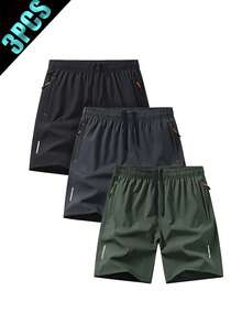 3pcs/Set Men's Summer Casual Sports Shorts, Soft And Comfortable Fabric, Drawstring Waist Design With Zipper Pockets, Suitable For Basketball - Multicolor - View 4