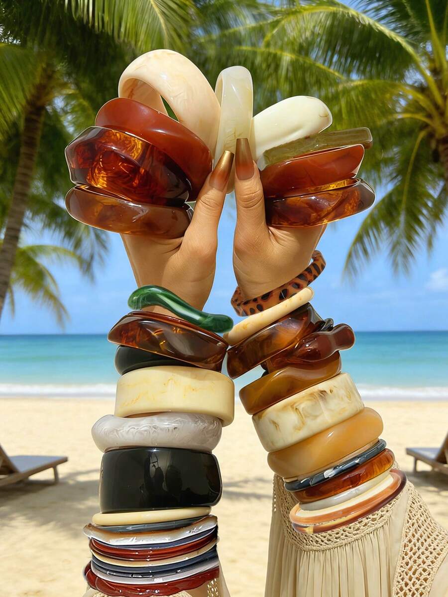 Vintage Elegant Retro Beach Vacation Style Random 9-1 Pc Creative High-End Transparent Printed Resin Acrylic Tie Dye Asymmetric Stacked Bracelet Set, Personalized Minimalist Fresh Sweet Y2K Luxury Quality Bracelet Suitable For Women Men Beach Vacation Party Date Daily Wear, Mother's Day Anniversary Gift Choice (Random Style Shipped) - Multicolor - View 1