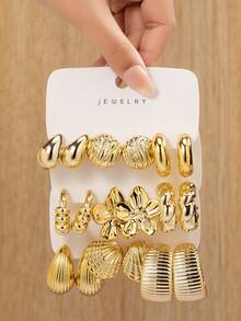 2/6/18pcs Gold-Tone Fashion Earring Set, Stylish & Elegant, Suitable For Daily, Party, Travel Wear - Gold - View 9