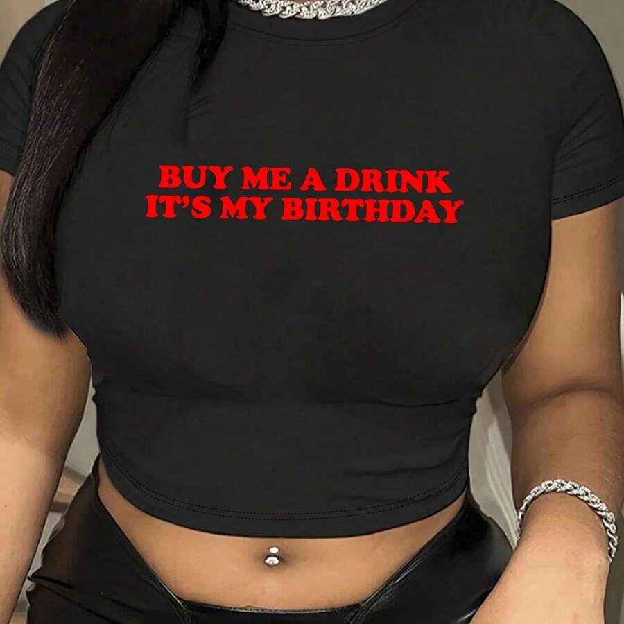 Birthday Theme "Buy Me A Drink" Short Top | Casual Round Neck Short Sve, Stretch Blend, Machine Washable, Cute, Geometric-Pattern, Spring/Summer, Y2K Style - 藏蓝色 - 查看 1