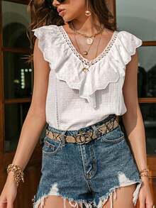 Top sin mangas con cuello en V, bordado y volantes, de unicolor, estilo casual de vacaciones SUNSTORY - Blanco - Ver 6