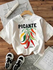 Women's Round Neck Fitted-Shirt Women's% Cotton Casual Short Sleeve-Shirt With Vibrant Chili Pepper Graphic Print, Relaxed Fit, Washable, White, Ladies Shirts, Allseason Apparel, Semitransparent Material-Suitable Daily Wear, Vacation, Party - White - View 1