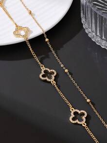 1件欧美度假风多层锁骨链，奢华微镶钻石镂空四叶草双层金项链，男士款 - 金黃色 - 查看 5