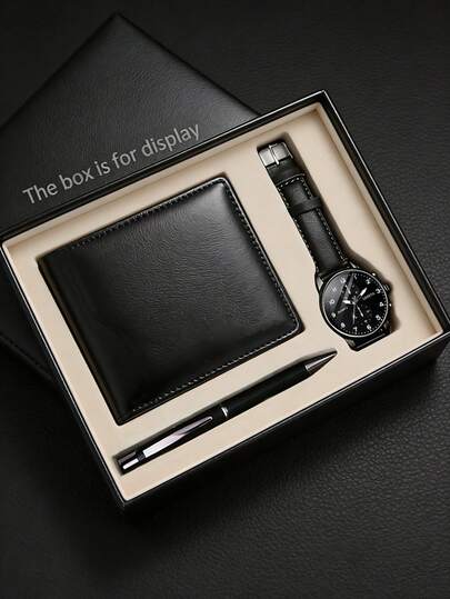 Men's Casual Quartz Watch And Wallet & Pen Office Set, Suitable For Daily Gatherings And Back-To-School Gifts, Birthday Gifts, Brown High-End Atmosphere Wallet Card Holder