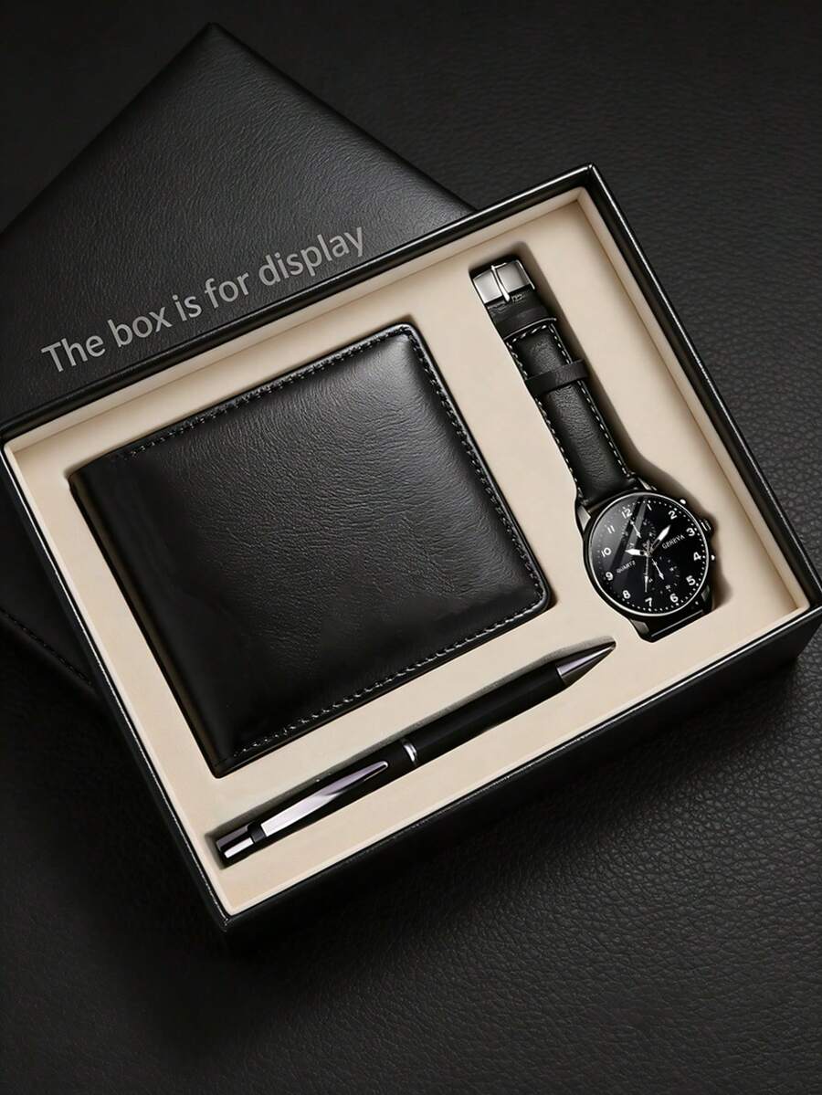Men's Casual Quartz Watch And Wallet & Pen Office Set, Suitable For Daily Gatherings And Back-To-School Gifts, Birthday Gifts, Brown High-End Atmosphere Wallet Card Holder - Black - View 1