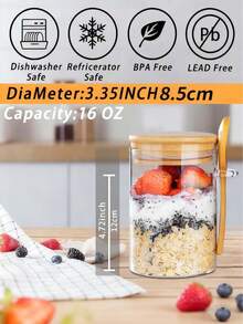 1个带盖带勺子的玻璃食品容器，可重复使用，适用于隔夜燕麦、酸奶、沙拉、布丁等食物的备餐，宽口设计，也可作咖啡罐、调料罐、烧烤容器、派对礼品、密封麦片罐、咖啡罐、面粉罐，厨房收纳好帮手，返校季必备 - 适合居家收纳和送礼 - 彩色 - 查看 4