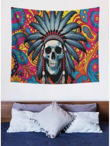 Headdress Skeleton Wall Tapestry – Boho Skull Art Wall Hanging For Bedroom Dorm,   Decor,Gothic Spiritual Home Tapestries - Multicolor - View 9