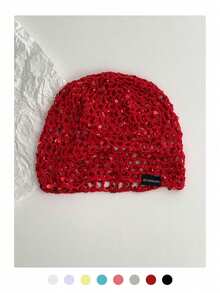 1pc Black Label With Sequin Lettering, Handmade Crochet Hollow-Out Sequin Beanie Hat, Fashionable Retro Versatile Lightweight Breathable Knit Cap For Women, Spring/Summer - Multicolor - View 16