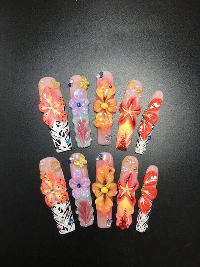 10 Piece 5.5cm Handmade Coffin Shaped Wearable Armor, Paired With Rhinestones, Flowers, Hearts, And Butterfly Decorations, Set With Nail Stickers, Suitable For Women And Girls, Valentine's Day, Parties, Festivals, And Daily Wear. Nail Accessories, Acrylic Nail Kit, Including Kit, Hand Pressed Nail Art, Fake Nail Stickers, And Nail Supplies.