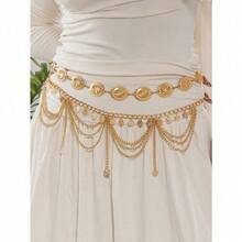 2pcs Vintage Boho Style Daisy Petal & Flower Design With Multi-Layer Coin Belly Chain, Sexy Arabian Tassel Waist Chain, Suitable For Beach, Holiday, Party Wear, Halloween, Campus Autumn, Autumn - Vàng 2 miếng - Xem 6