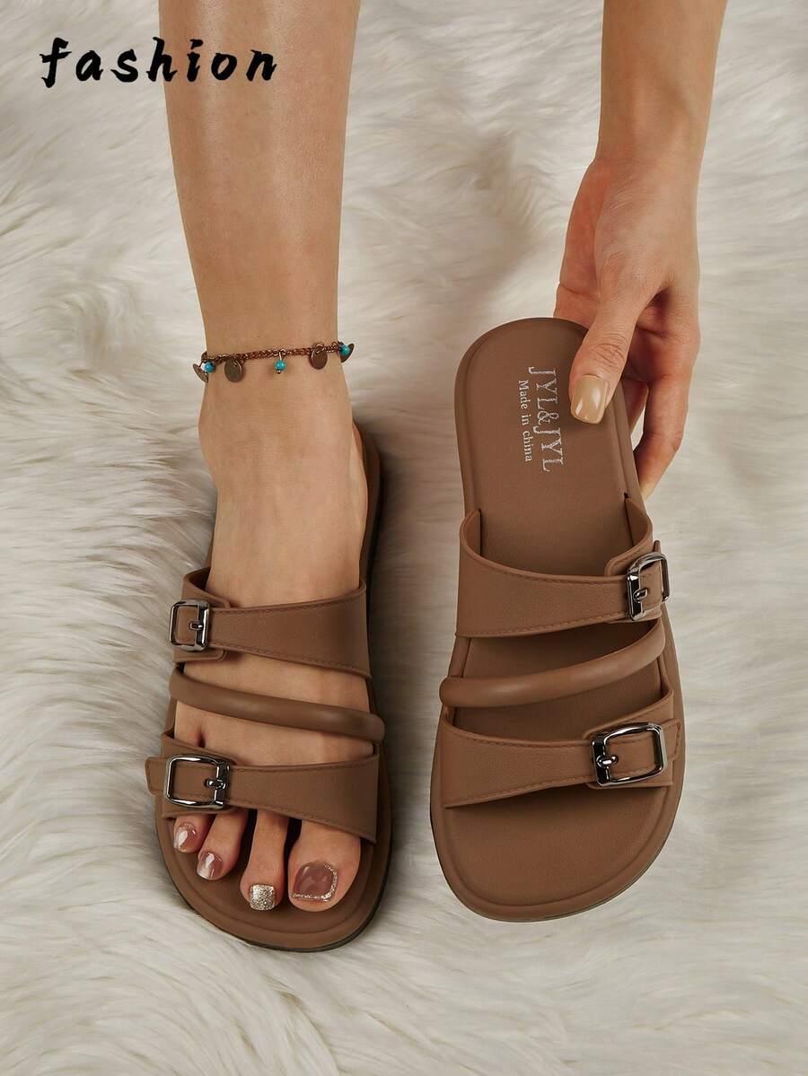 New Spring/Summer Women's Fashion Casual Double Strap Adjustable Design Breathable Non-Slip Slippers, Suitable For Beach, Home, Office, Walking, Versatile Brown Color Matching Women Sandals - Brown - View 1