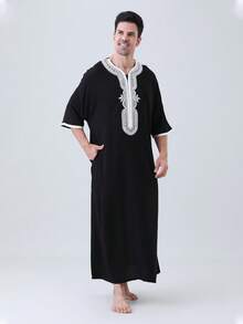 AL HARAMAIN Men's Black Moroccan Style Robe, Featuring Muslim Pattern Embroidered Pocket Decoration, 3/4 Sleeve, Suitable For Festival Formal Wear And Daily Traditional - Black - View 9