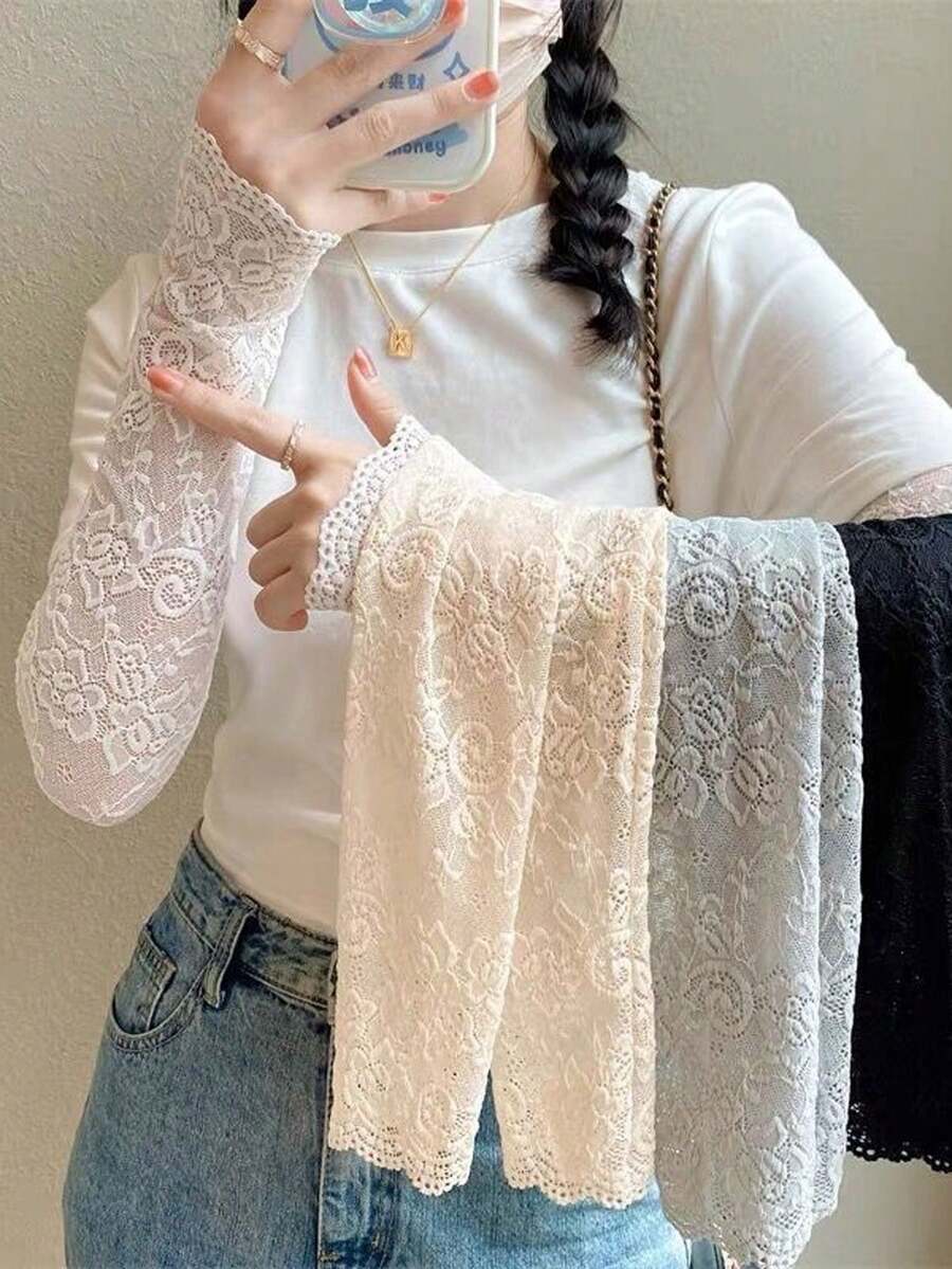 1 Pair Lace Trim Cooling Arm Sleeves, Moisture-Wicking Ice Silk Fabric ...