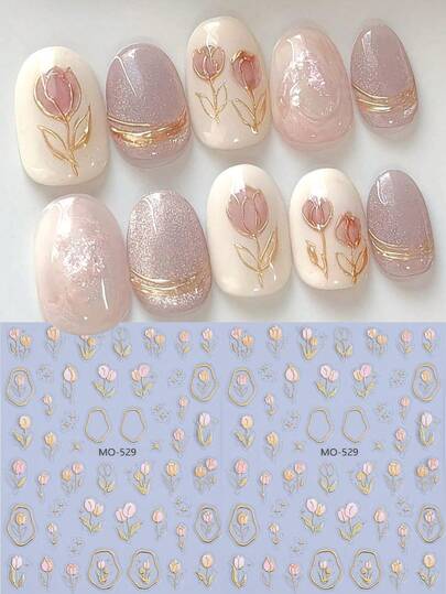 2 miếng dán móng tay hình hoa tulip dập nổi 5D mạ vàng, họa tiết hoa mùa xuân/hè, trang trí móng tay hình lá tulip màu hồng, phụ kiện móng tay tự dính dành cho nữ và bé gái