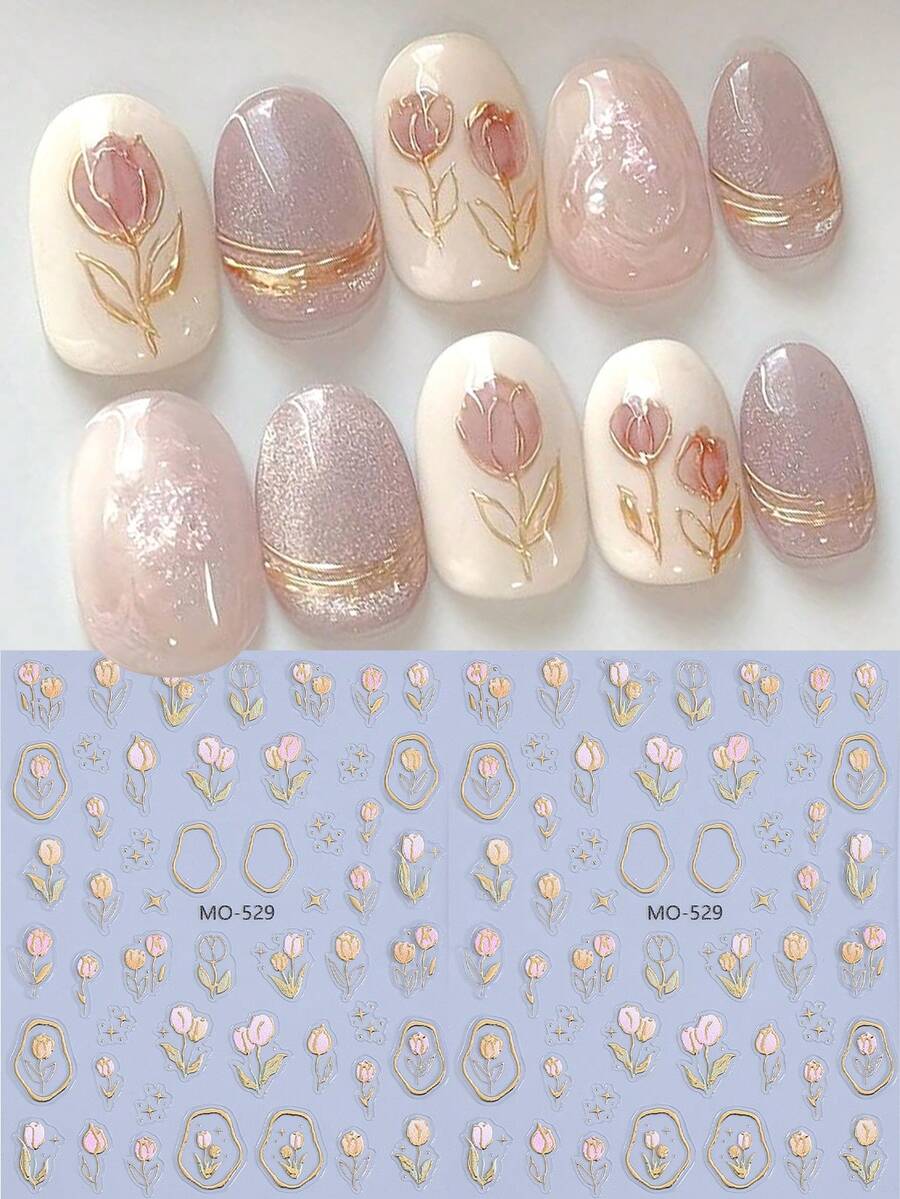 2片装5D立体烫金郁金香美甲贴纸,春夏花卉图案美甲贴花,粉色郁金香叶子设计美甲装饰,女士自粘美甲配件 - 彩色 - 查看 1