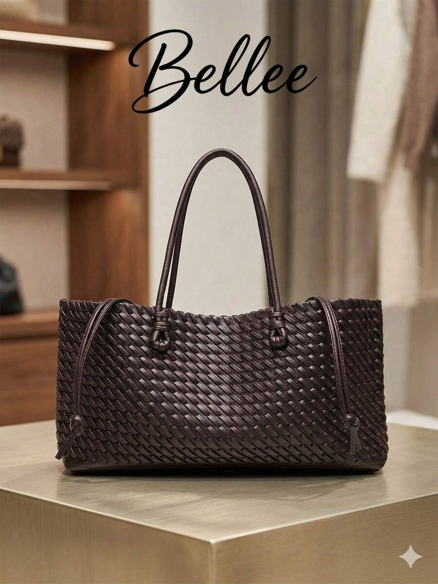 1pc Deep Brown Woven Texture Decor PU Large Capacity Women's Shoulder Bag, Minimalist Commuter Style Handbag, Suitable For Commuting, Work, Shopping, Dating And Daily Outings - Multicolor - View 1