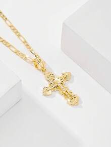 1pc European And American Classic Copper Inlaid Zirconia Cross Pendant Necklace, Limited Edition "Light Of The Protector", Suitable For Christmas/Thanksgiving/Halloween/Mother's Day/Valentine's Day Gifts For Couples/Friends/Believers, Catholic First Communion, Gifts, Daily And Holiday Wear For Prayer - Yellow Gold - View 4
