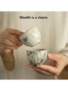 1pc Ru Kiln Crackle Glaze Bamboo Motif Ceramic Tea Cup, Suitable For Owner And Guests, Capacity 60ml, Gongfu Tea - Multicolor - View 1