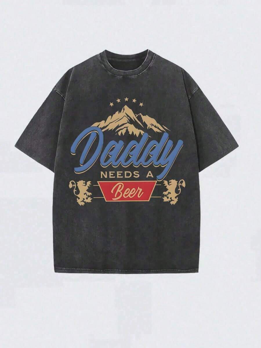 Dad Needs A Beer! This Retro-Style T-Shirt Is A Classic Of Casual Retro Fashion, Featuring A Popular Mountain Lion Print And Made From 230g Washed Cotton. It's A Versatile Retro Urban Style, A High-Quality Retro Fashion Statement For Men In Summer. It's Loose-Fitting, Soft, Comfortable, And Comes In Various Colors. Suitable For Outdoor Wear In Spring And Summer, It Has A Decent Thickness And Can Be Worn Daily Or Given As A Gift For Friends, Parties, Back-To-School, New Year's, St. Patrick's Day, Or Father's Day. (Retro Style, Heavyweight, Unisex) - 黑色 - 查看 1