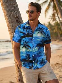 Men's Hawaiian Shirt,Coconut Tree Print Short Sleeve Shirt,  Vacation Beach Shirt, Tropical Floral Shirt, Summer Shirt, Palm Tree Shirt, Casual Button Down Shirts, Hawaiian Print Shirt, Palm Tree Shirt,Lapel Collar, Regular Fit, Spring/Summer Beachwear - Màu xanh lam - Xem 2
