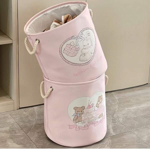 1pc Pink Laundry Basket With Cute Rabbit And Bear Design, Collapsible Dirty Clothes Storage Basket, Thick Fabric Organizer Bin For Clothes, Toys And Miscellaneous, Home Decor, Bedroom Storage