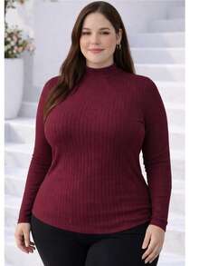 Women's Plus Size Long Sleeve Blouse With Medium High Ribbed Neck, Premium Comfortable Viscose - 紫紅色 - 查看 4