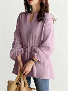 女士V领抽绳腰衬衫，新款复古休闲宽松长袖系带上衣，春夏款 - 淡紫色 - 查看 5